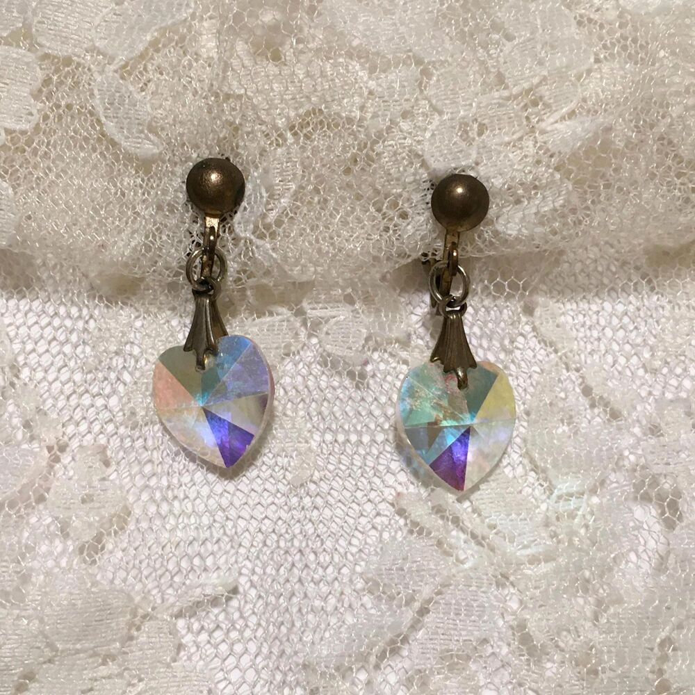 Vintage AB Glass Crystal Heart Clip On Earrings